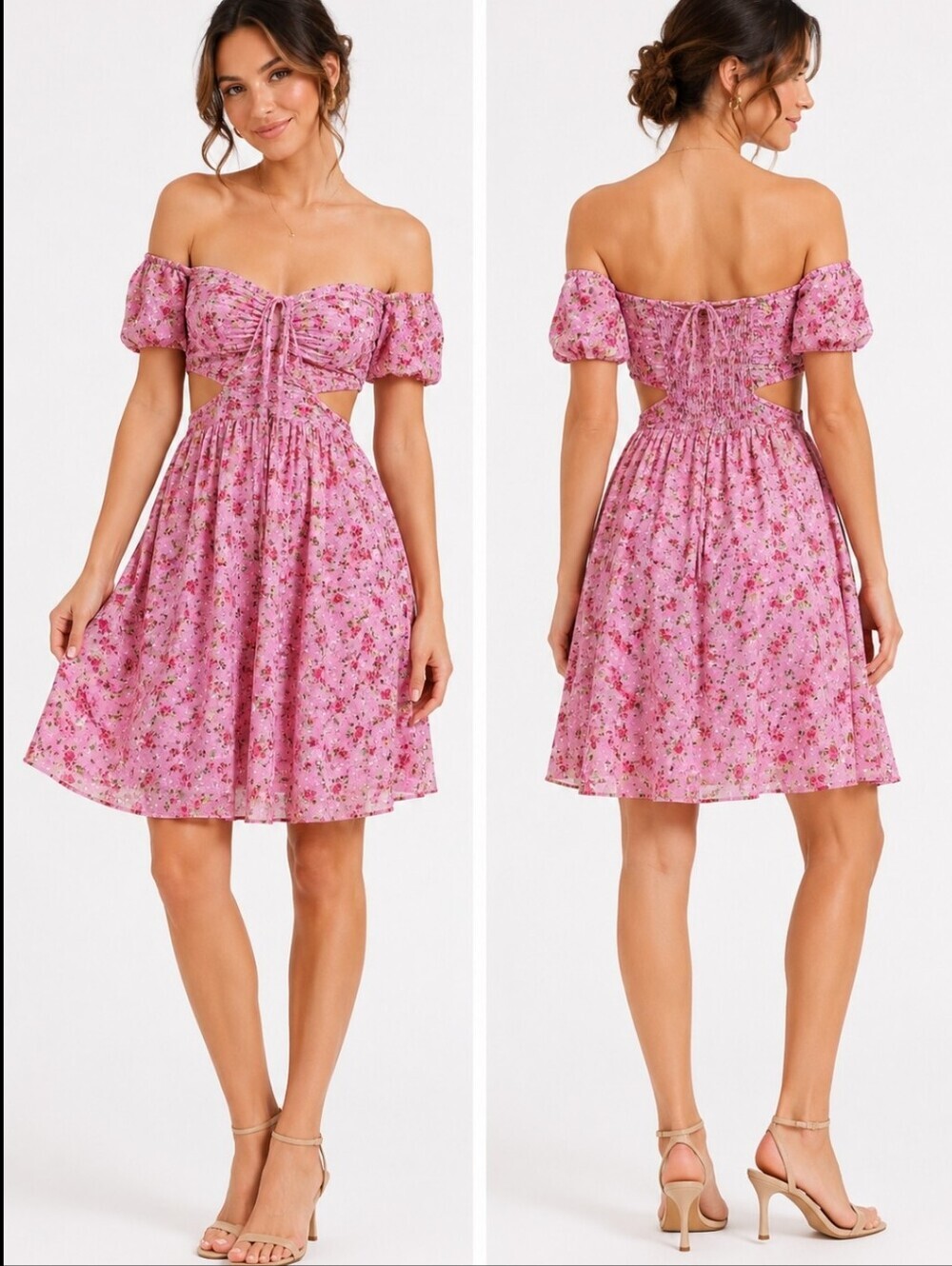 Jera Premium Pink Floral Off Shoulder Cutout Dress S–M EUC